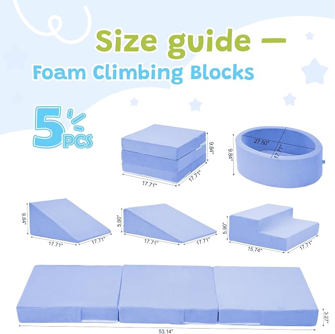Elftopia Foam Climbing Blocks with Ball Pit & Stairs for Toddlers Aged 1-3 -Soft Playset for Indoor Crawling, Foam Playground Set for Baby to Active Playing Inside -(Balls NOT Included),Light Blue