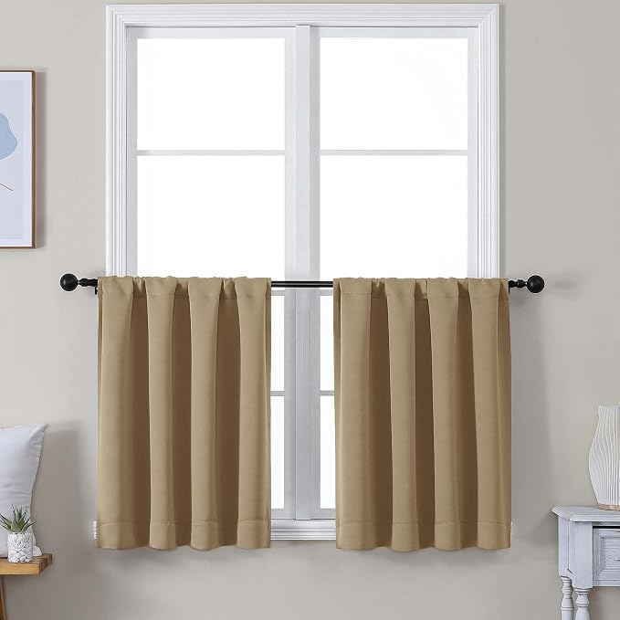 Simplebrand Ava Taupe Short 24 Inches Blackout Curtain 2 Panels Set, Half Window Rod Pocket Privacy Curtain Tiers for Kitchen, Curtains Blackout for Bathroom Shades, W30 x L24 Inch, Taupe