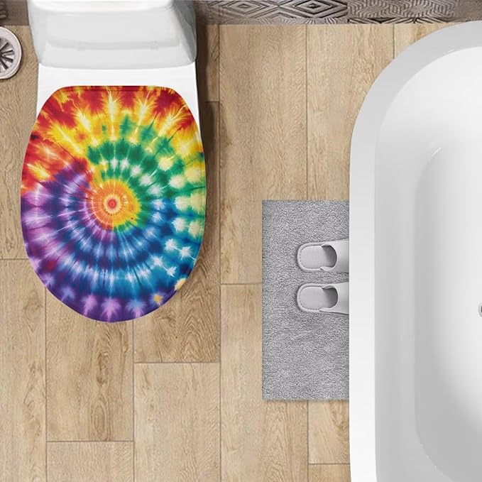 Hippie Tie Dye Toilet Seat Cover for Bathroom Universal Fit Elongated Oval Round Lid Rainbow Tie Dye Toilet Lid Cover Replacement for Bathroom Decor Machine Washable
