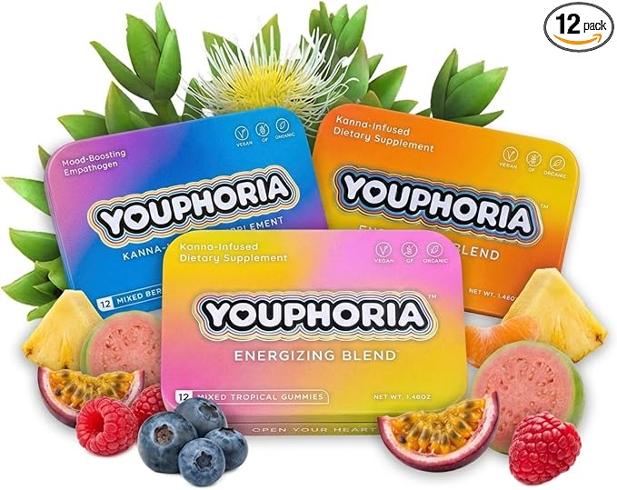 Youphoria Kanna Gummies, 600mg Vegan Botanical Supplement for Mood Support, 12 Count (Pineapple & Tangerine)