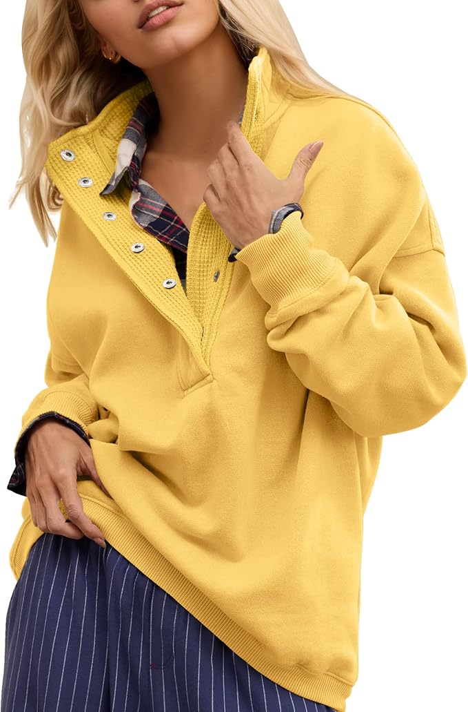 Gacaky Sweatshirt for Women Oversized Casual Long Sleeve Button Henley Neck Pullover Tops Fashion Outfits Clothes
