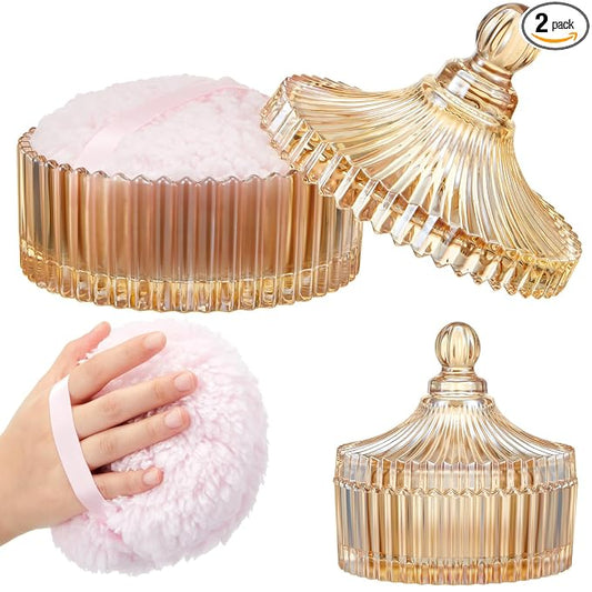 Tioncy 2 Pcs Extra Large Dusting Powder Puff and Container for Women-6'' Glass Crystal Dusting Powder Container with Body Soft Washable Reusable Velour Face(Amber,Classic)