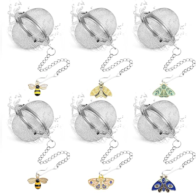 Set of 6 Tea Infuser for Loose Leaf Tea with Butterfly and Bee Charm Pendant, 304 Stainless Steel Tea Ball for Brew Fine Loose Tea and Spices & Seasonings
