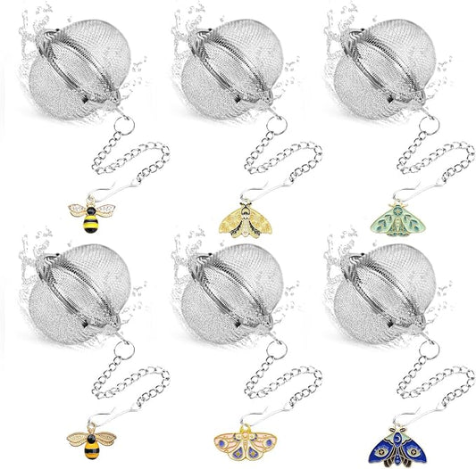 Set of 6 Tea Infuser for Loose Leaf Tea with Butterfly and Bee Charm Pendant, 304 Stainless Steel Tea Ball for Brew Fine Loose Tea and Spices & Seasonings