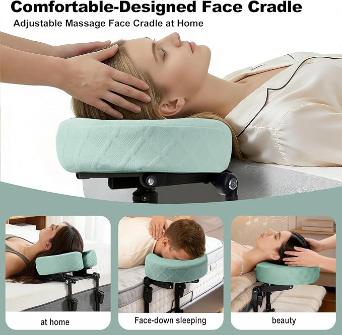 Massage Headrest for Bed with Adjustable Height, Memory Foam Face Cradle, Washable Pillowcase for Home (Green)