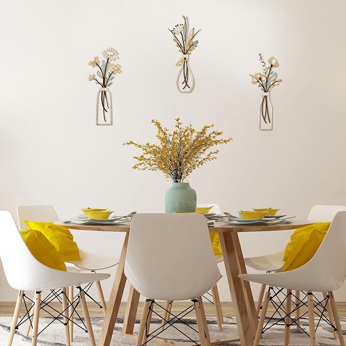 Pigort 3 Pieces Metal Flowers Wall Art- Rustic Farmhouse Decor Minimalist Decor for Living Room Bathroom Bedroom Dining Room, Housewarming Gifts Christmas Decoration(Beige, Vase-C)