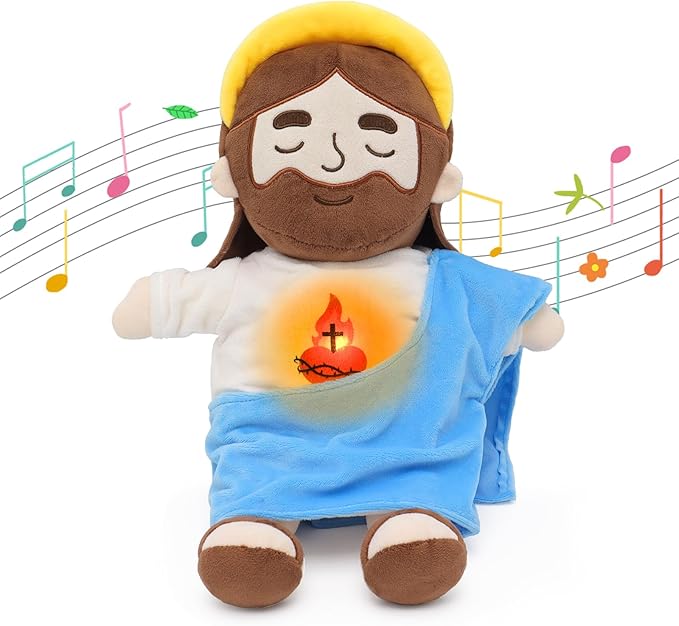 Soothing Jesus Plush Toys with Light & Sound, Jesus Stuffed Breathing Plushy Doll, Christian Catholic Religious Plushie Christmas Easter Gifts for Kids Baby (Blue)