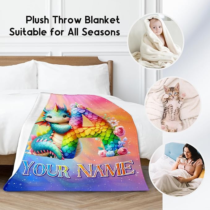 Custom Blanket with Name for Girls & Boys - Dragon Blankets Gifts for Dragon Lovers - Personalized Initial Throws for Daughter Son - 60"x80" Kids Throw for Bed, Living Room