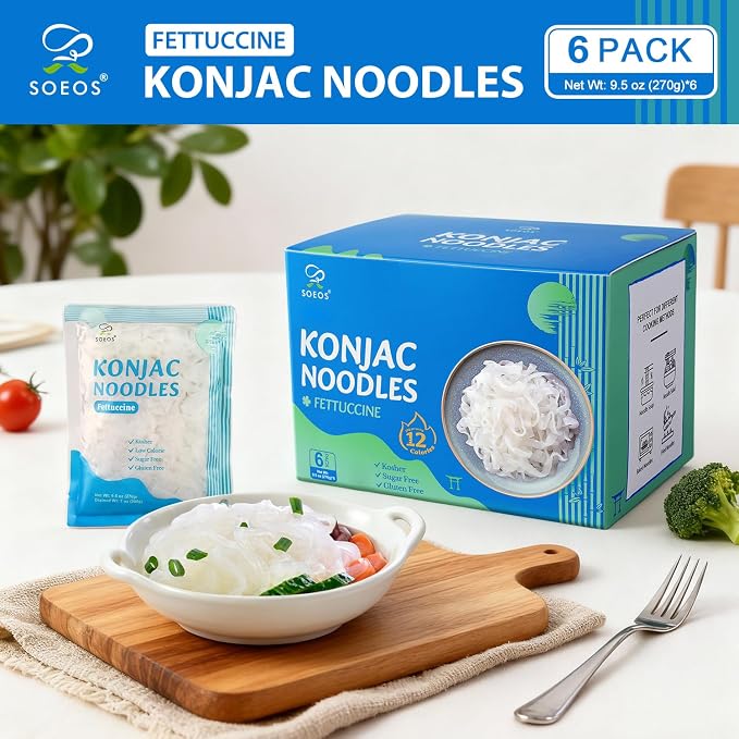 Soeos Organic Konjac Noodles, Fettuccine, 9.5oz (270g) 6 Packs, Kosher, Sugar Free, Gluten Free, Low Calorie, Low Carb Pasta, Shirataki Noodle