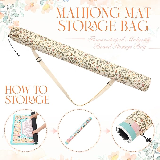 Shinylin 35 Inch Mahjong Mat Carrying Bag with Strap, Printed Drawstring Mahjong Holder Bag Outdoor Travel Canvas Storage for Board Games, Yoga Mats, Tripod
