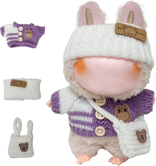 Clothes for 17cm Dolls Accessories Crochet 3 Piece Set Outfits for Doll(Purple Sweater)