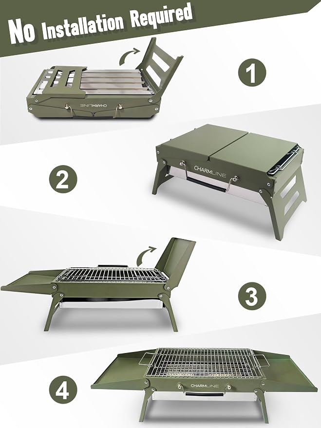 Charmline 15 x 11 inches Portable Charcoal BBQ Grill, Foldable Compact Camping Barbecue for 2–4 People, Ideal for Garden, Beach, Picnic & Tabletop Use, Green