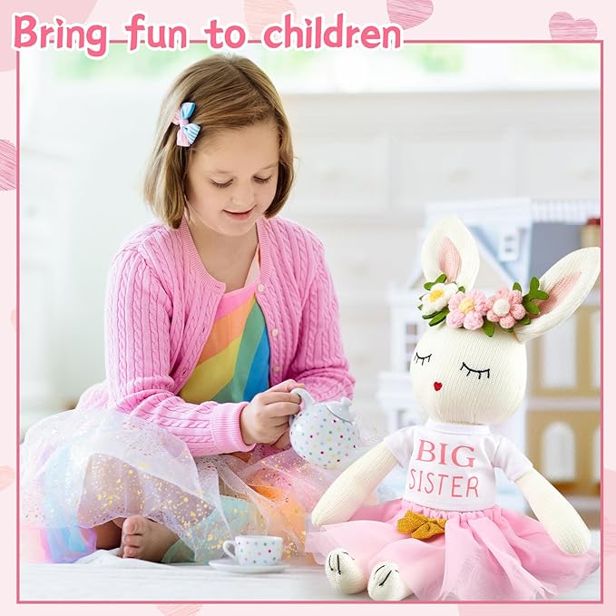 Big Sister Gift for Girls 17 Inches Rabbit Stuffed Plush Doll Short Sleeve Top and Pink Tutu Skirt Gifts for Girls Toddler