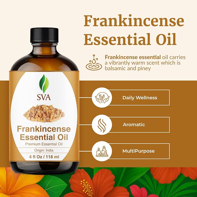 SVA Frankincense Essential Oil – 4 Fl Oz – for Diffuser, Skin & Hair Care – Ideal for Massage & DIY Blends – with Dropper