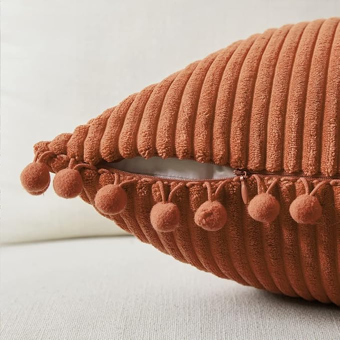 Fancy Homi Pack of 2 Rust Fall Decorative Throw Pillow Covers 20x20 Inch with Pom-poms for Living Room Couch Bedroom, Soft Corduroy Terracotta Solid Square Cushion Case 50x50 cm, Boho Home Decor