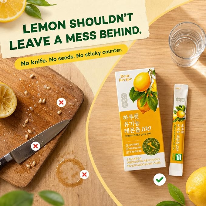 [14 Sticks] Organic 100% Pure NFC Whole Lemon Juice Sticks – 20g Each – Italian Lemon, Cold Pressed, Product of Korea, Non-GMO, No Sugar Added