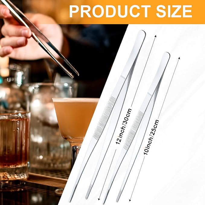 Yaomiao 4 Packs 12 Inch 10 Inch Bar Tweezers Silver Cocktail Tongs Long Garnish Tweezers Stainless Steel Bartender Kitchen Cooking Tongs for Cocktail Food Fruit Korean BBQ Bartender Chef, Multi-use