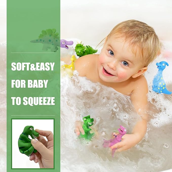 Dinosaur Bath Toys for 18 Mon, 6 Pcs Mold Free Dino Bath Toy for Toddler 1-3, Soft Rubber Baby Bathtub Shower Water Table Pool Toys with Mesh Organizer & Backpack, Exquisite Box Gifts for Boys Girls