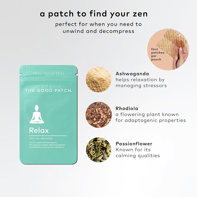 The Good Patch Relax Patches, to Unwind and Decompress, Natural Patch with Ashwagandha, Ginger Root, Plant Powered Wearable Wellness, Sustained Release (16 Total Patches)