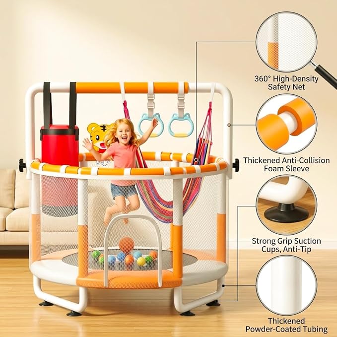 55" Kids Indoor Trampoline with Safety Net, Adjustable Gymnastics Bar & Toys – Indoor/Outdoor Toddler Play Gym for Boys & Girls Ages 3+, Birthday Gifts