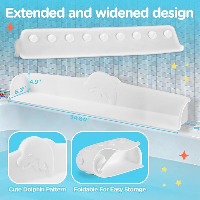 3FT Dolphin Pattern Bathtub Splash Guard Play Shelf for the Wide &Straight Bathtub Edge Toy Tray Caddy Holder Storage Suction Cups Attach to Bath Tub No Mess Water Spill in Bathroom (White)