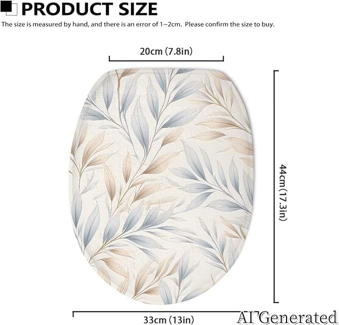 Watercolor Leaves oilet Cover Set, Soft Blue Plush Elongated Lid Protector, Unique Ocean Bathroom Decor Accessory