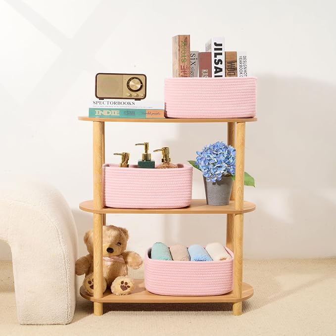 MiniArk Small Storage Baskets for Organizing | Closet Organizer Bins | Shelf Toy Basket | Woven Rope Baskets | Cube Decorative Box | Shallow Basket | 13x8.5x5.1” | 4 Packs Light Pink