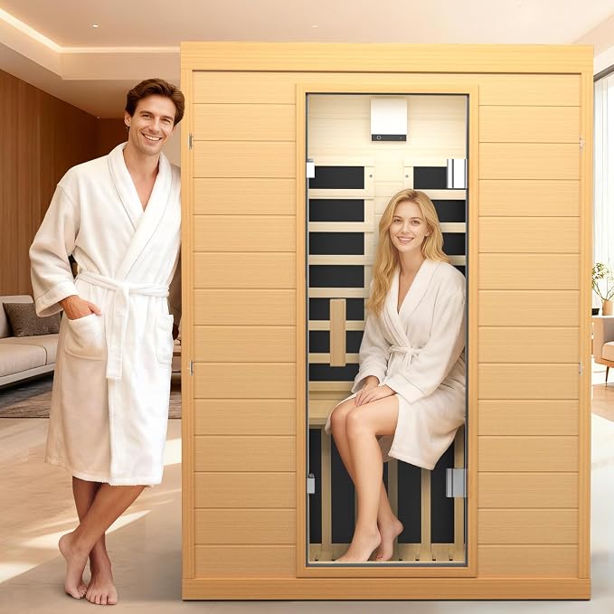 Far Infrared Sauna, Canadian Hemlock Wood Sauna Spa Room for Indoor,1062W 110V Low EMF Saunas with Control Panel and Integrated Speakers, Mini Home Sauna Room for One Person (Brown-2Person)