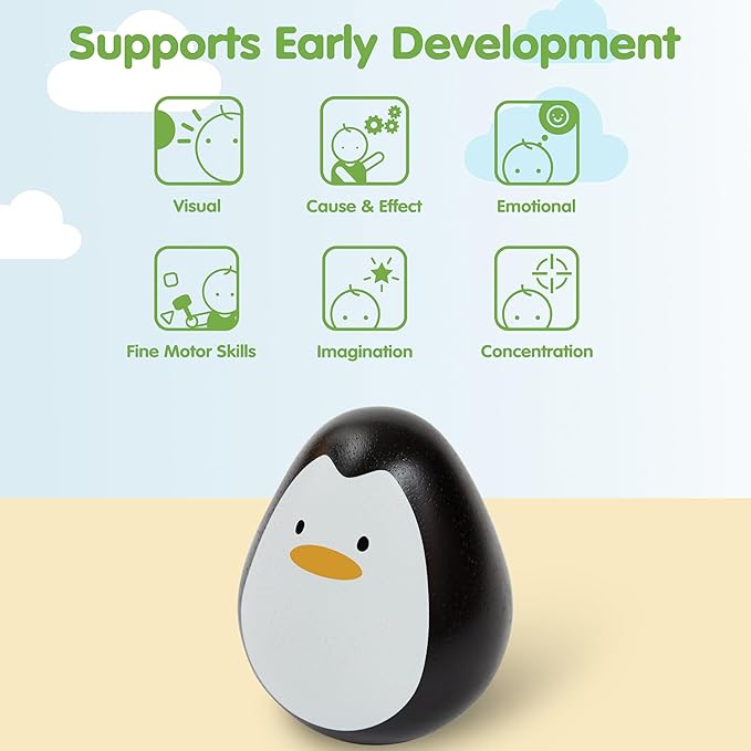 PlanToys® Penguin Wobbler Montessori Wooden Baby Sensory Toy for Tummy Time | Cause & Effect Developmental Toy for Babies 6+ Months