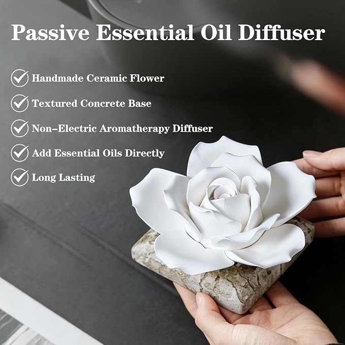 Ceramic Passive Essential Oil Diffuser, Aesthetic Desktop Handmade Flower & Concrete Base, Porcelain Aromatherapy Oils Diffuser for Home, Office, Yoga, Spa Room (White Rose)