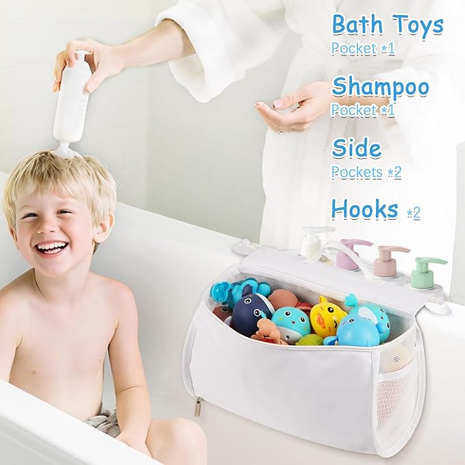 Saddle Shape Bath Toy Organizer, 2 Compartments Wide Opening Mesh Bath Tub Toy Storage for Easy Access to Toys, Side Pockets & Bottom Zipper Design, Quick Drying Toy Holder for Tub (White)
