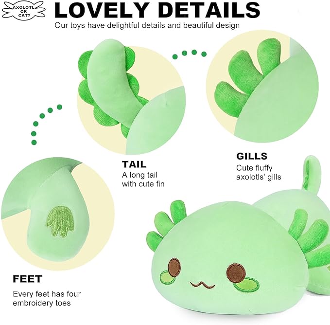 Onsoyours Cute Axolotl Plushie, Soft Stuffed Animal Salamander Plush Pillow, Kawaii Plush Toy for Kids (Green Axolotl, 13")