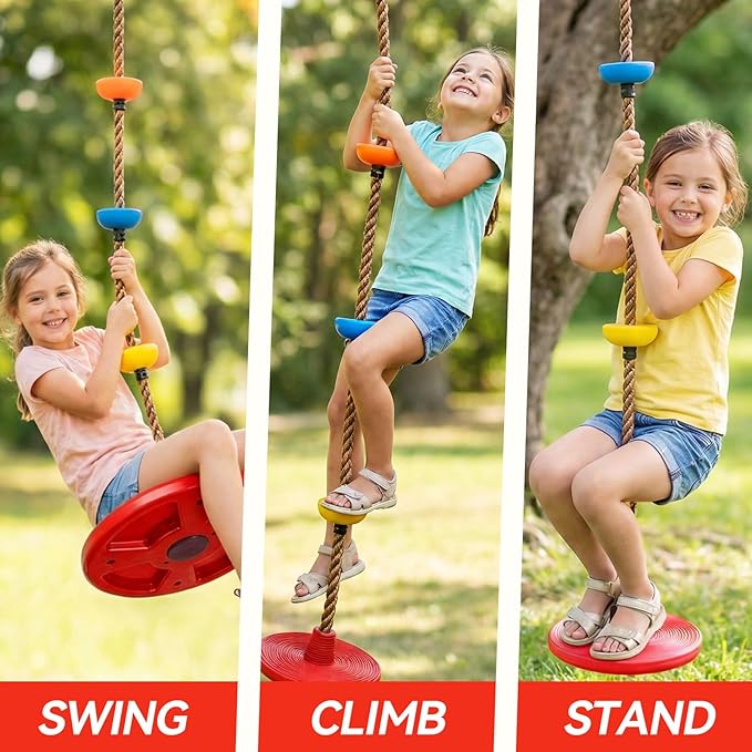 HeyZoo Tree Swing for Kids 330LB Capacity, Climbing Rope with Platforms and Disc Swing Seat Set Outdoor Backyard Playground Accessories with Carabiners and Thickened Strap, Red