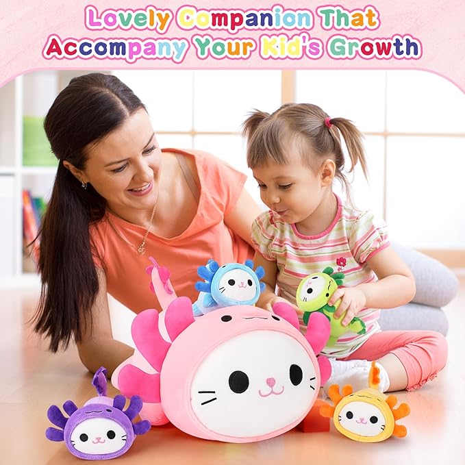 5 PCS Axolotl Cat Plush Stuffed Animal Family-19" Soft Axolotl Cat Plush, Large Mommy Plushies with 4 Baby Kittens Plushies for Kids, Kawaii Plushie Toy Christmas Birthday Gifts for Kids Boys Girls