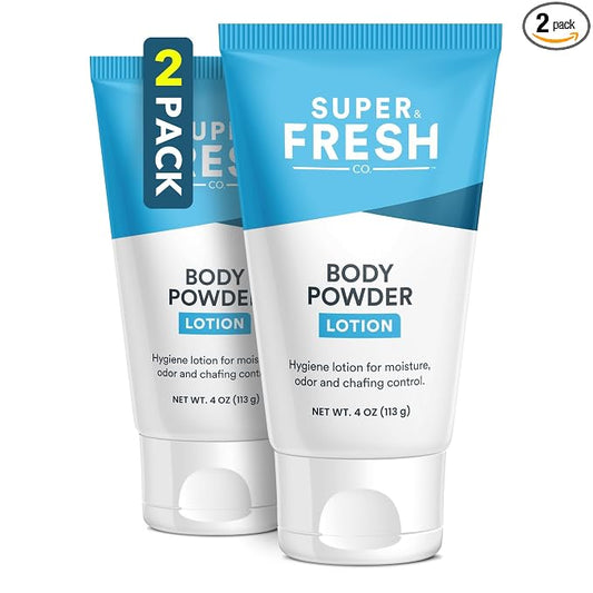 Super Fresh Body Powder Lotion Talc Free Anti Chafing Deodorizing No Mess Body Powder Cream for Men and Women Natural Ingredients Two 4 fl oz Tubes for Daily Comfort Sweat and Odor Protection