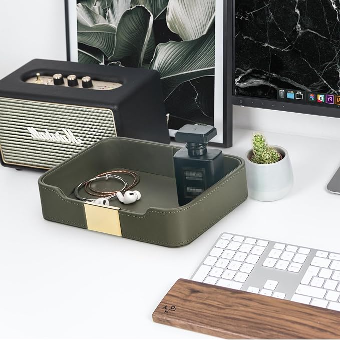 Luxury Leather Tray Organizer, Valet Tray Key Bowl (Khaki Green) | Key Catchall Tray for Entryway Table Desktop Storage, Decorative Tray for Jewelry Keys Wallet Phone Watch, Metal Gilded