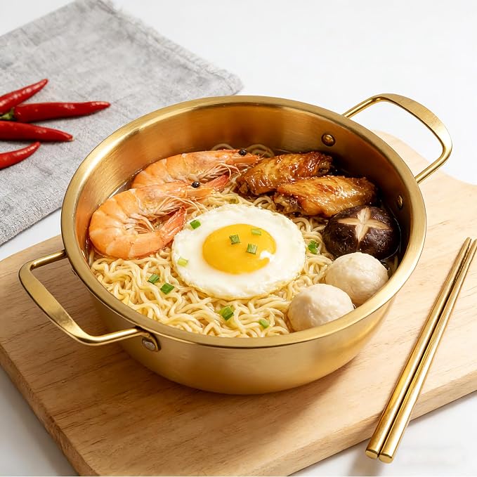 2-Pack Stainless Steel Korean Ramen Pot 7" & 7.8" with Lid Utensils | Noodle Cooking Pot Comes with Spoon, Chopsticks & Fork for Soup, Pasta and Daily Cooking