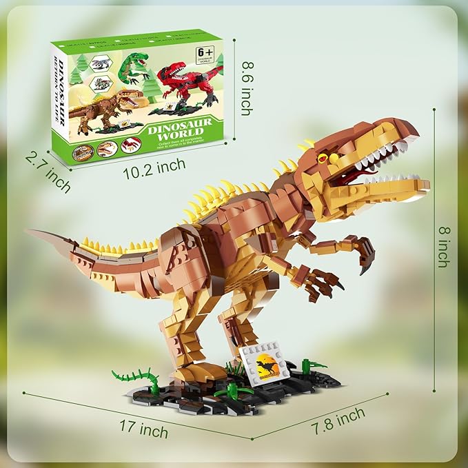 Dinosaur Building Blocks Toys for Kids Ages 6-14 | STEM Building Block Set, Christmas Birthday Gift for Boys Ages 6-8 7-9 8-14 (Brown)
