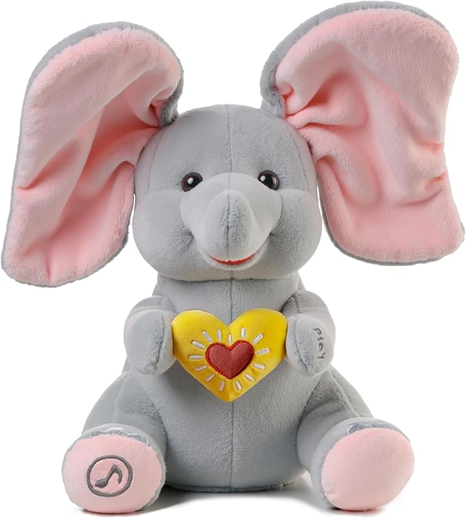 Peek a Boo Elephant Toy, Interactive Singing Plush Elephant Toy with Flapping Ears and Hearts, Musical Stuffed Animal for Babies and Toddlers
