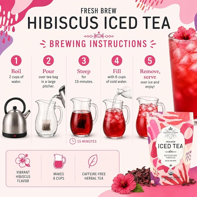 Harney & Sons Fresh Brew Herbal Iced Tea, Hibiscus Herbal Tea, 15 Iced Tea Bags, Brews Up to 30 Quarts, Caffeine Free