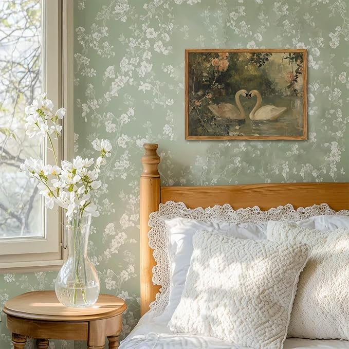 Framed Vintage Swan wall art, Rustic Romantic White Swan Pictures Wall Decor, Cottagecore Farmhouse Animal Paintings Canvas Prints Aesthetic Home Decor for Living Room Bedroom Bathroom 8x10 inch