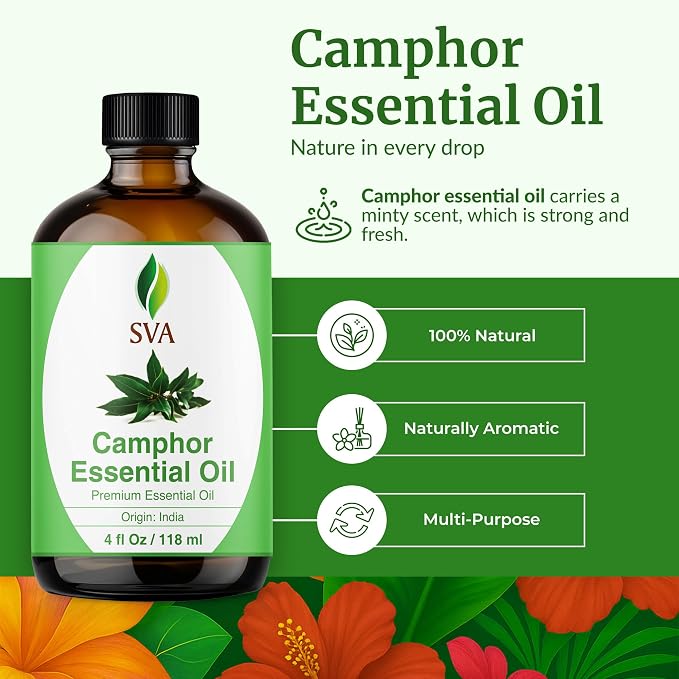 SVA Camphor Essential Oil 4 Fl Oz – for Diffuser, Skin & Hair Care – Ideal for Massage & DIY Blends – with Dropper