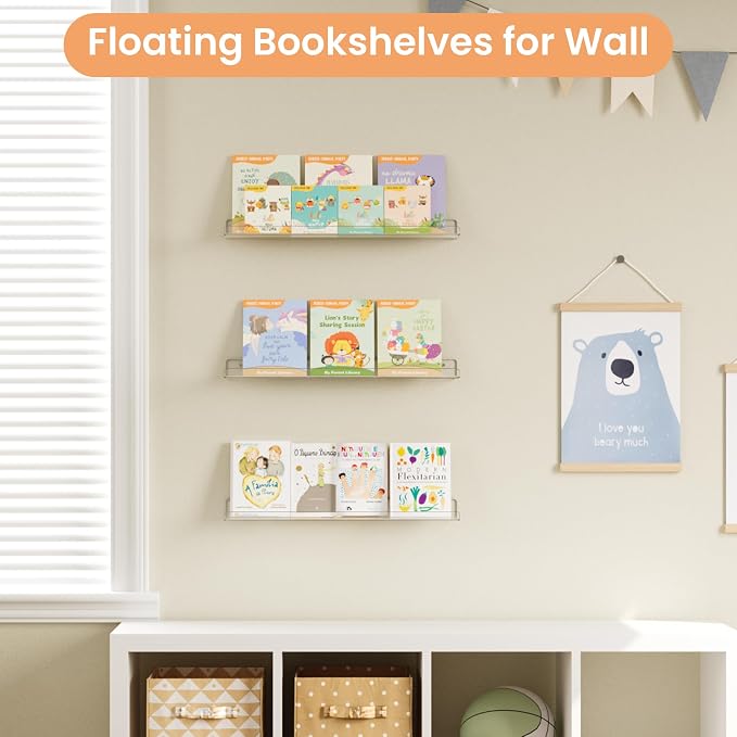 upsimples 23.6" Acrylic Shelves for Wall Storage and Organizer, 2 Pcs | Extended Shelf for Picture, Skincare, Perfume, Bag, Kitchen Spice Rack, Kids Bookshelf, Invisible for Displaying, Room Décor