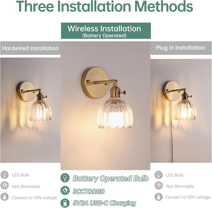 Shenmoyl Vintage Battery Operated Wall Sconce with Transparent Tulip Glass Lampshade Rechargeable Battery Powered Wall Light with Remote Control for Bedside Bedroom Doorway