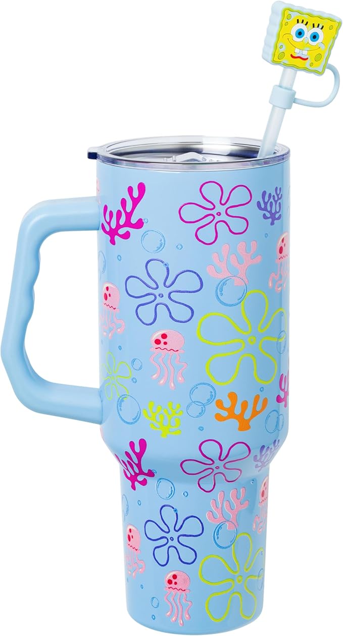 Silver Buffalo Spongebob Squarepants Jellyfishing in Bikini Bottom Double Walled Stainless Steel Tumbler with Handle, Straw, and Straw Cap, Fits in Standard Cup Holder, 40 Ounces