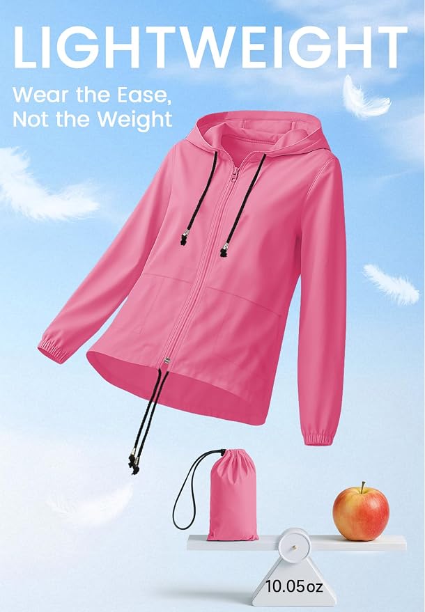 Zando Lightweight Rain Jacket Women Packable Waterproof Raincoat with Hood | Windbreaker Jacket Women, Light Raincoats for Drizzle, Rain Coats for Travel, Hiking and Commute