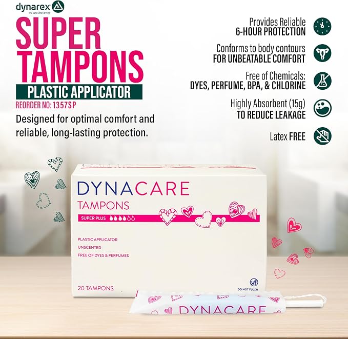 Dynarex Super Plus Tampons – Bulk Feminine Hygiene Product with Plastic Applicator – 6 Hour Protection – 10 Boxes of 20 Total Tampons