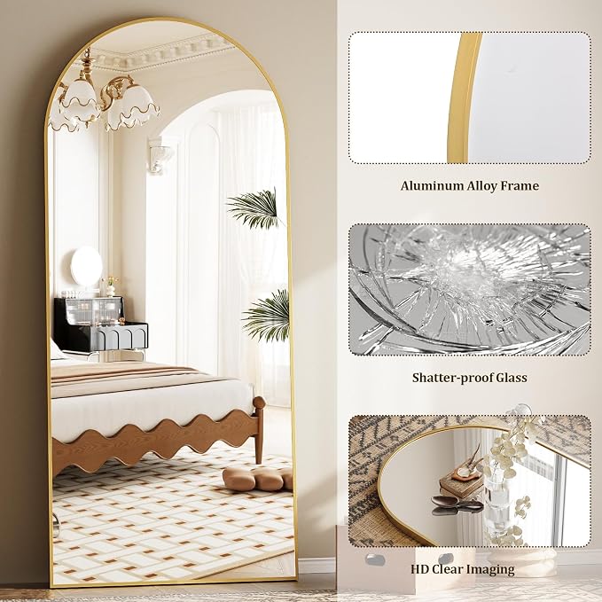 Dewfig Arched Full Length Mirror, 81"x41" Large Floor Mirror, Gold | Aluminum Alloy Frame Oversized Full Body Mirror, HD Shatterproof Tempered Glass, Lean/Stand/Wall for Living Room,Bedroom