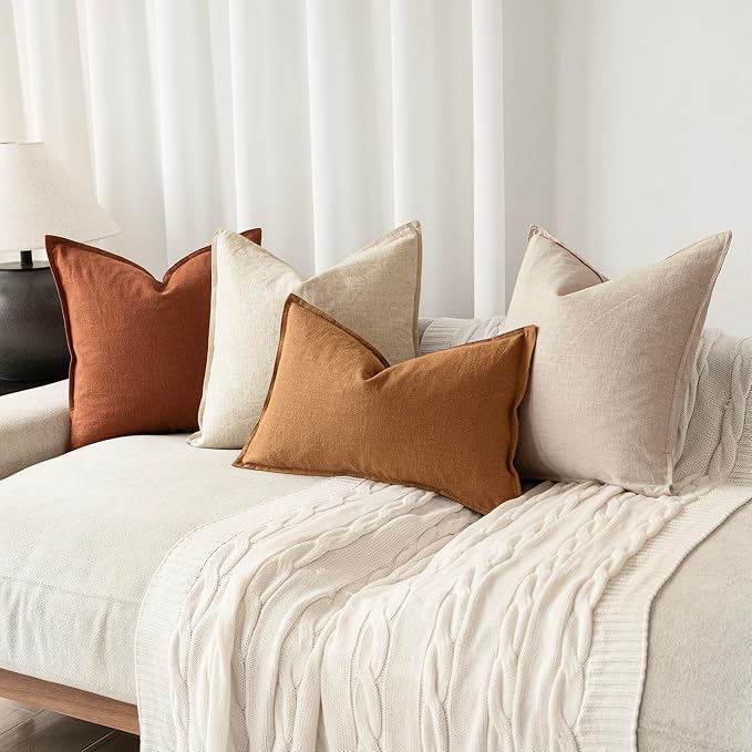 Foindtower Pack of 2, Decorative Linen Solid Throw Pillow Covers Soft Accent Cushion Case Farmhouse Neutral Pillowcase for Chair Couch Sofa Bedroom Living Room Home Decor 22 x 22 Inch Fall Rust Orange