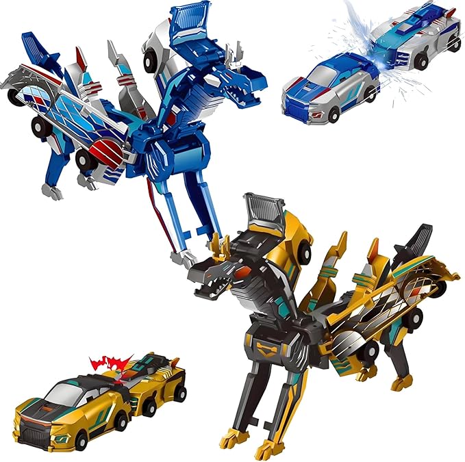 2-in-1 Collision Transformation Dinosaur Car Toy |Magnetic Cars Convertible Robot Toys|DinosaurToys for Kids 3-12 Ideal Christmas Birthday Gift for Boys (Golden Blue)